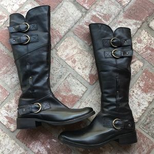 Kurt Geiger Black Leather Over-the-Knee Buckle Riding Boots